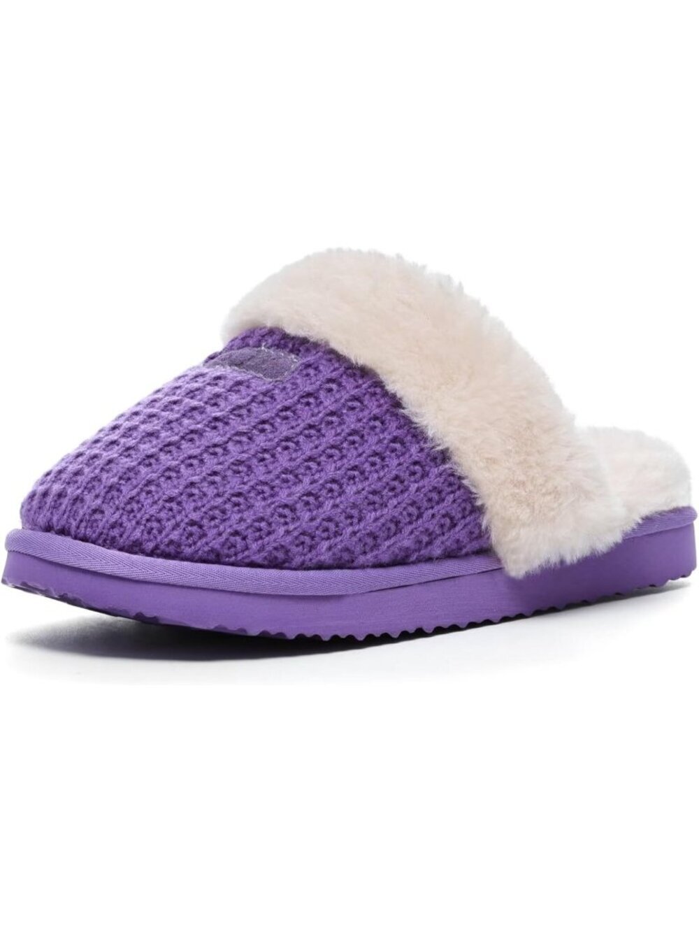 Women Purple Faux Leather Soft Warm Fuzzy Slipper Shoes for Indoor
